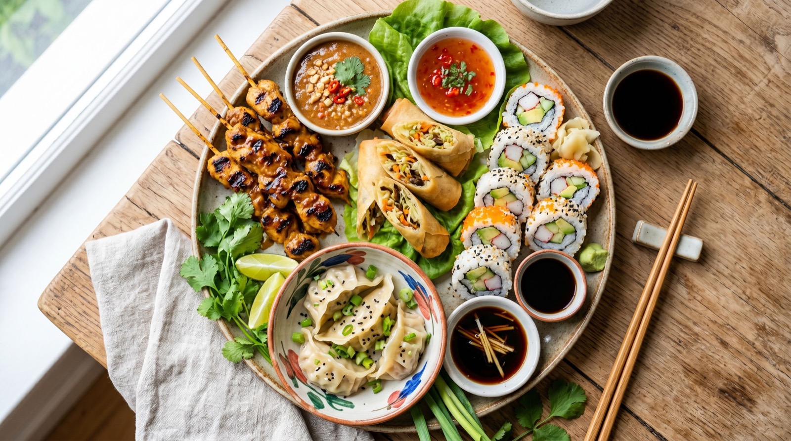 Beginner-friendly platter of popular Asian dishes