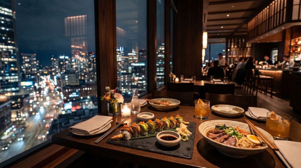 A colorful spread of must-try dishes on a restaurant table